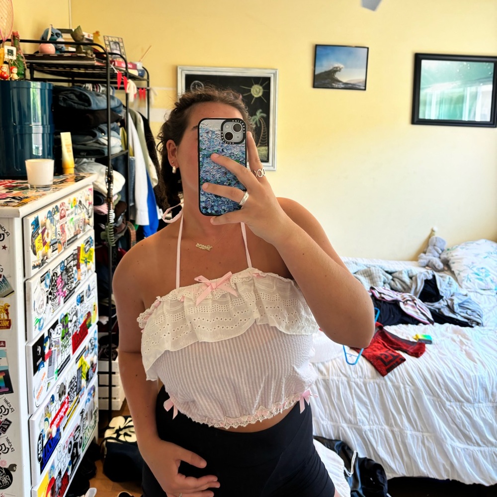 Coquette pink halter neck/strapless crop top